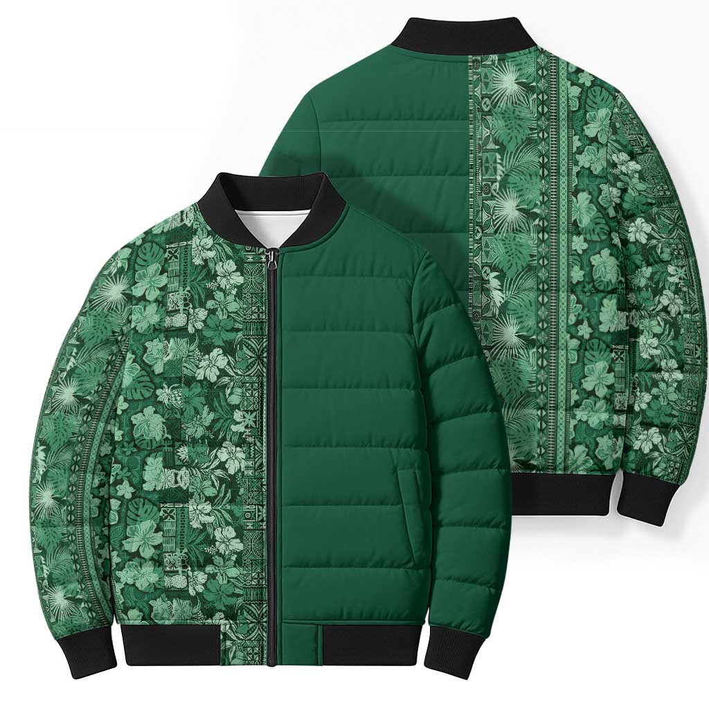 Hawaiian Tribal Elements Hibiscus Bomber Puffer Jacket Green Pattern - Polynesian Pride