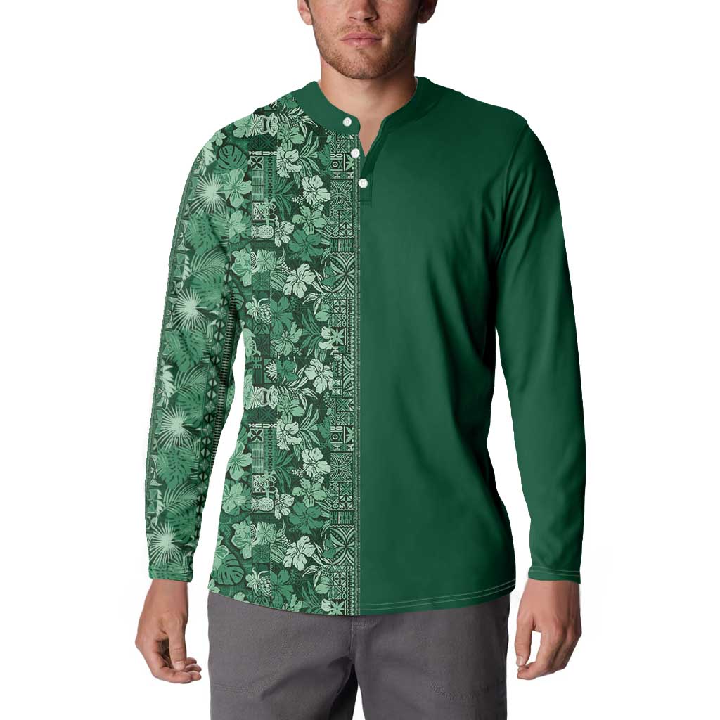 Hawaiian Tribal Elements Hibiscus Button Sweatshirt Green Pattern - Polynesian Pride