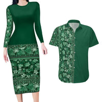 Hawaiian Tribal Elements Hibiscus Couples Matching Long Sleeve Bodycon Dress and Hawaiian Shirt Green Pattern - Polynesian Pride