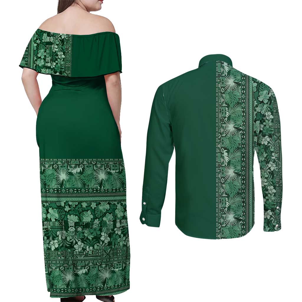 Hawaiian Tribal Elements Hibiscus Couples Matching Off Shoulder Maxi Dress and Long Sleeve Button Shirt Green Pattern - Polynesian Pride
