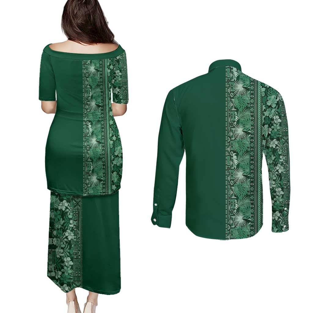 Hawaiian Tribal Elements Hibiscus Couples Matching Puletasi and Long Sleeve Button Shirt Green Pattern - Polynesian Pride