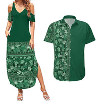 Hawaiian Tribal Elements Hibiscus Couples Matching Summer Maxi Dress and Hawaiian Shirt Green Pattern - Polynesian Pride