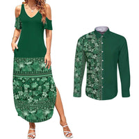 Hawaiian Tribal Elements Hibiscus Couples Matching Summer Maxi Dress and Long Sleeve Button Shirt Green Pattern - Polynesian Pride
