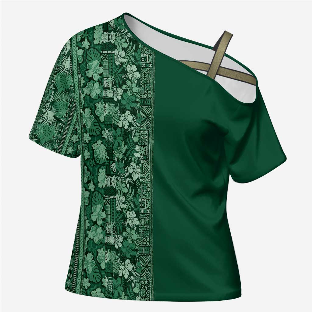 Hawaiian Tribal Elements Hibiscus Cross Shoulder Shirt Green Pattern - Polynesian Pride