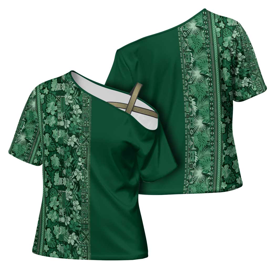 Hawaiian Tribal Elements Hibiscus Cross Shoulder Shirt Green Pattern - Polynesian Pride