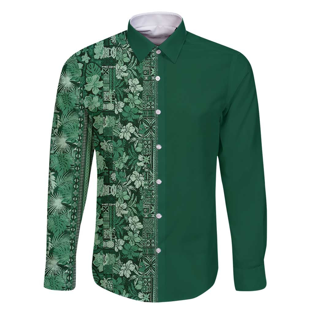 Hawaiian Tribal Elements Hibiscus Family Matching Mermaid Dress and Hawaiian Shirt Green Pattern - Polynesian Pride