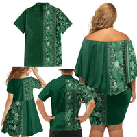 Hawaiian Tribal Elements Hibiscus Family Matching Off Shoulder Short Dress and Hawaiian Shirt Green Pattern - Polynesian Pride