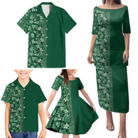 Hawaiian Tribal Elements Hibiscus Family Matching Puletasi and Hawaiian Shirt Green Pattern - Polynesian Pride