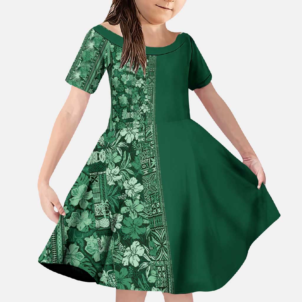 Hawaiian Tribal Elements Hibiscus Family Matching Short Sleeve Bodycon Dress and Hawaiian Shirt Green Pattern - Polynesian Pride
