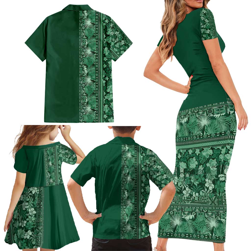 Hawaiian Tribal Elements Hibiscus Family Matching Short Sleeve Bodycon Dress and Hawaiian Shirt Green Pattern - Polynesian Pride