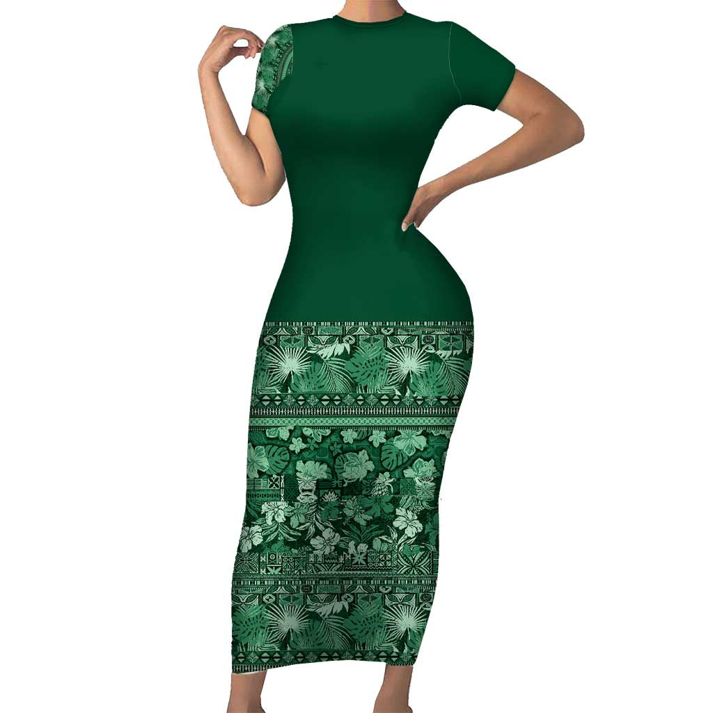 Hawaiian Tribal Elements Hibiscus Family Matching Short Sleeve Bodycon Dress and Hawaiian Shirt Green Pattern - Polynesian Pride