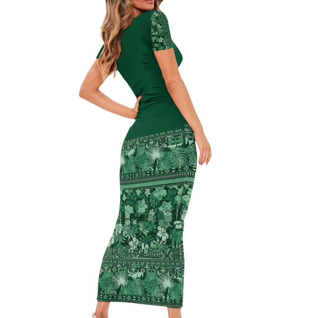 Hawaiian Tribal Elements Hibiscus Family Matching Short Sleeve Bodycon Dress and Hawaiian Shirt Green Pattern - Polynesian Pride