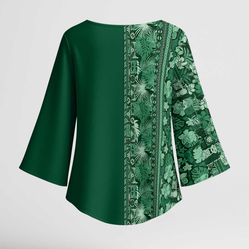 Hawaiian Tribal Elements Hibiscus Kimono Sleeve Blouse Green Pattern - Polynesian Pride