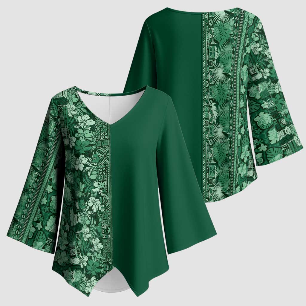 Hawaiian Tribal Elements Hibiscus Kimono Sleeve Blouse Green Pattern - Polynesian Pride