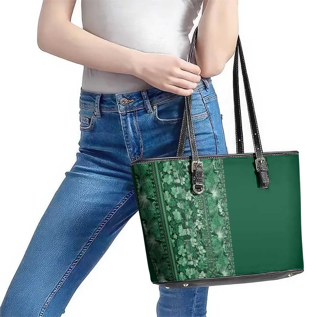 Hawaiian Tribal Elements Hibiscus Leather Tote Bag Green Pattern - Polynesian Pride