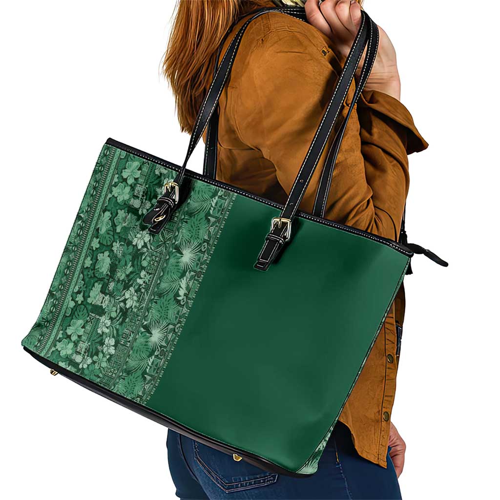Hawaiian Tribal Elements Hibiscus Leather Tote Bag Green Pattern - Polynesian Pride