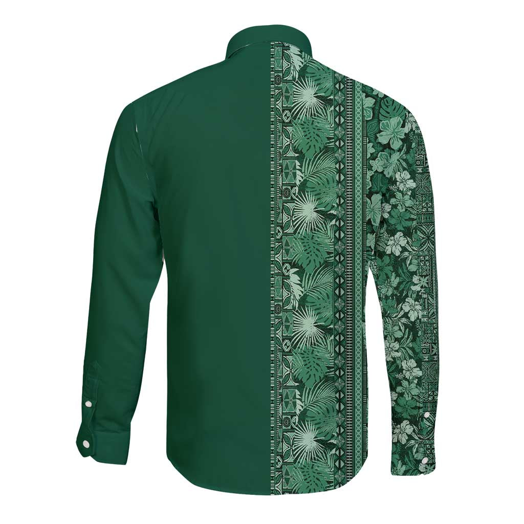 Hawaiian Tribal Elements Hibiscus Long Sleeve Button Shirt Green Pattern - Polynesian Pride