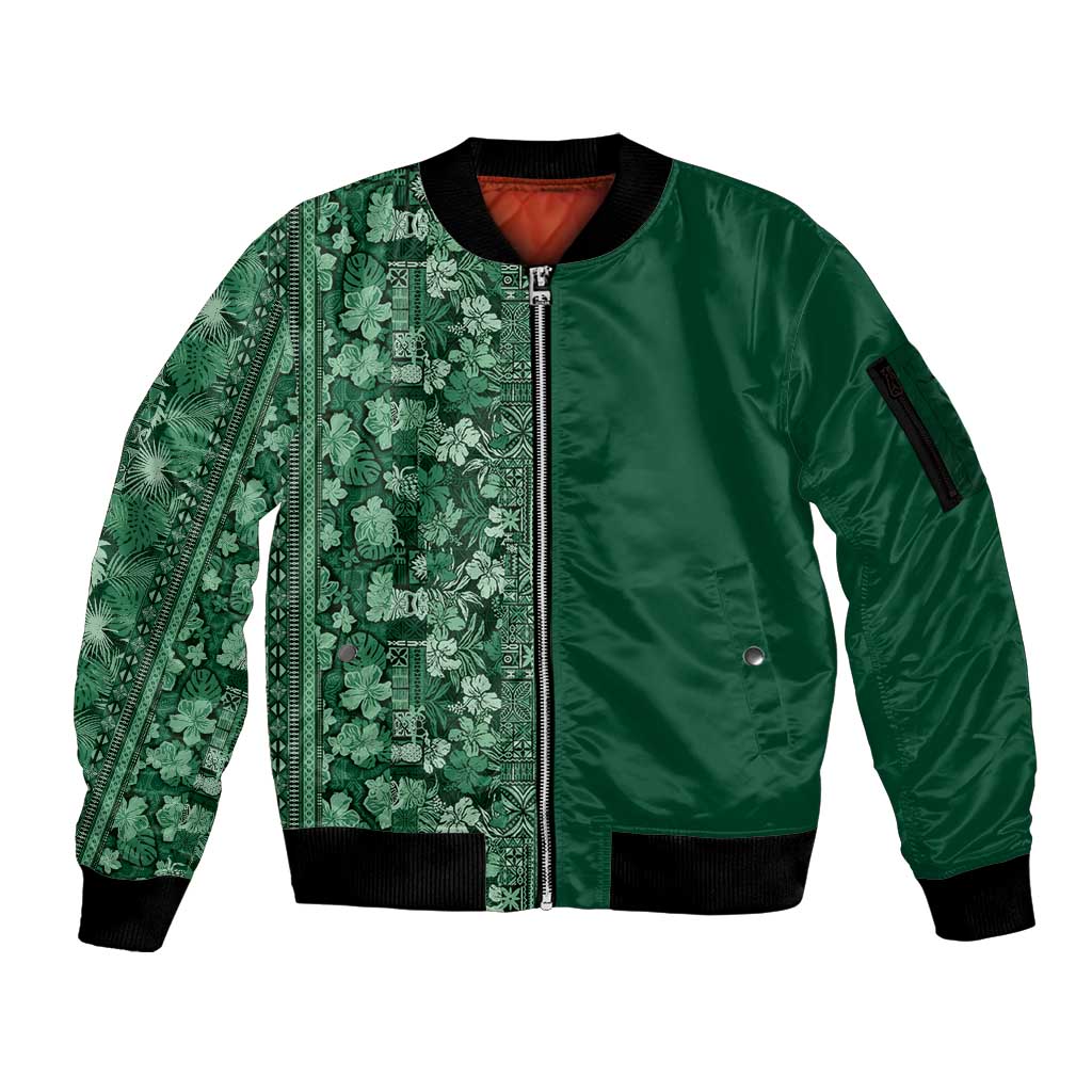 Hawaiian Tribal Elements Hibiscus Sleeve Zip Bomber Jacket Green Pattern - Polynesian Pride