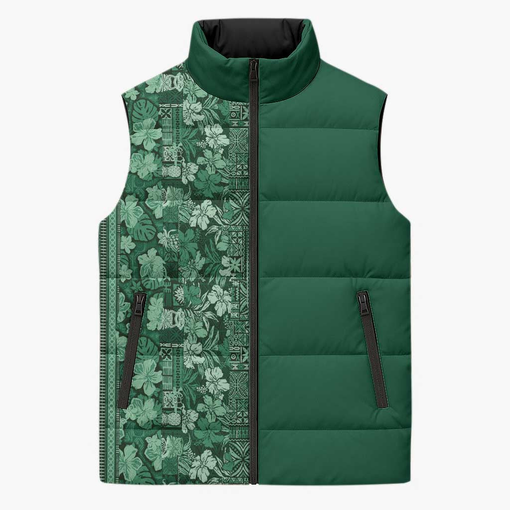 Hawaiian Tribal Elements Hibiscus Sleeveless Puffer Jacket Green Pattern - Polynesian Pride