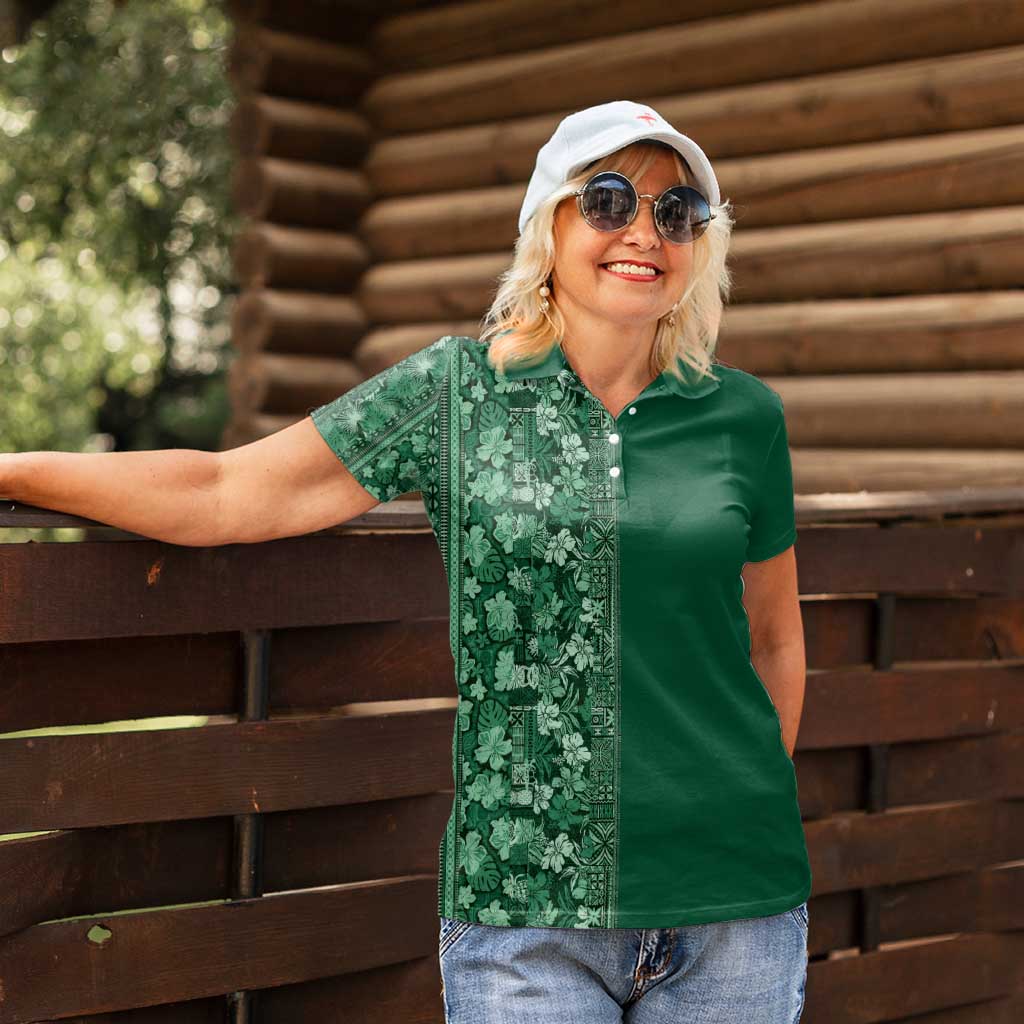 Hawaiian Tribal Elements Hibiscus Women Polo Shirt Green Pattern - Polynesian Pride