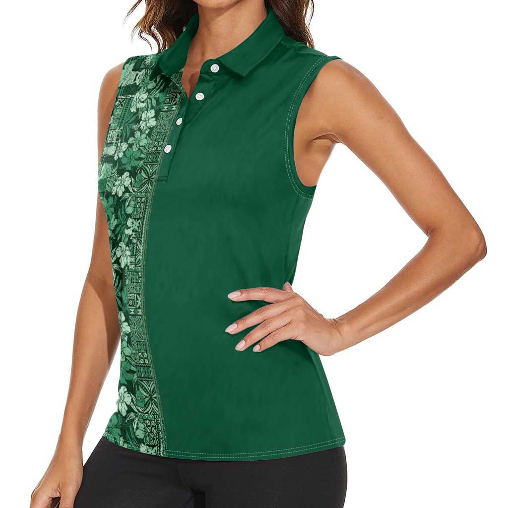 Hawaiian Tribal Elements Hibiscus Women Sleeveless Polo Shirt Green Pattern - Polynesian Pride
