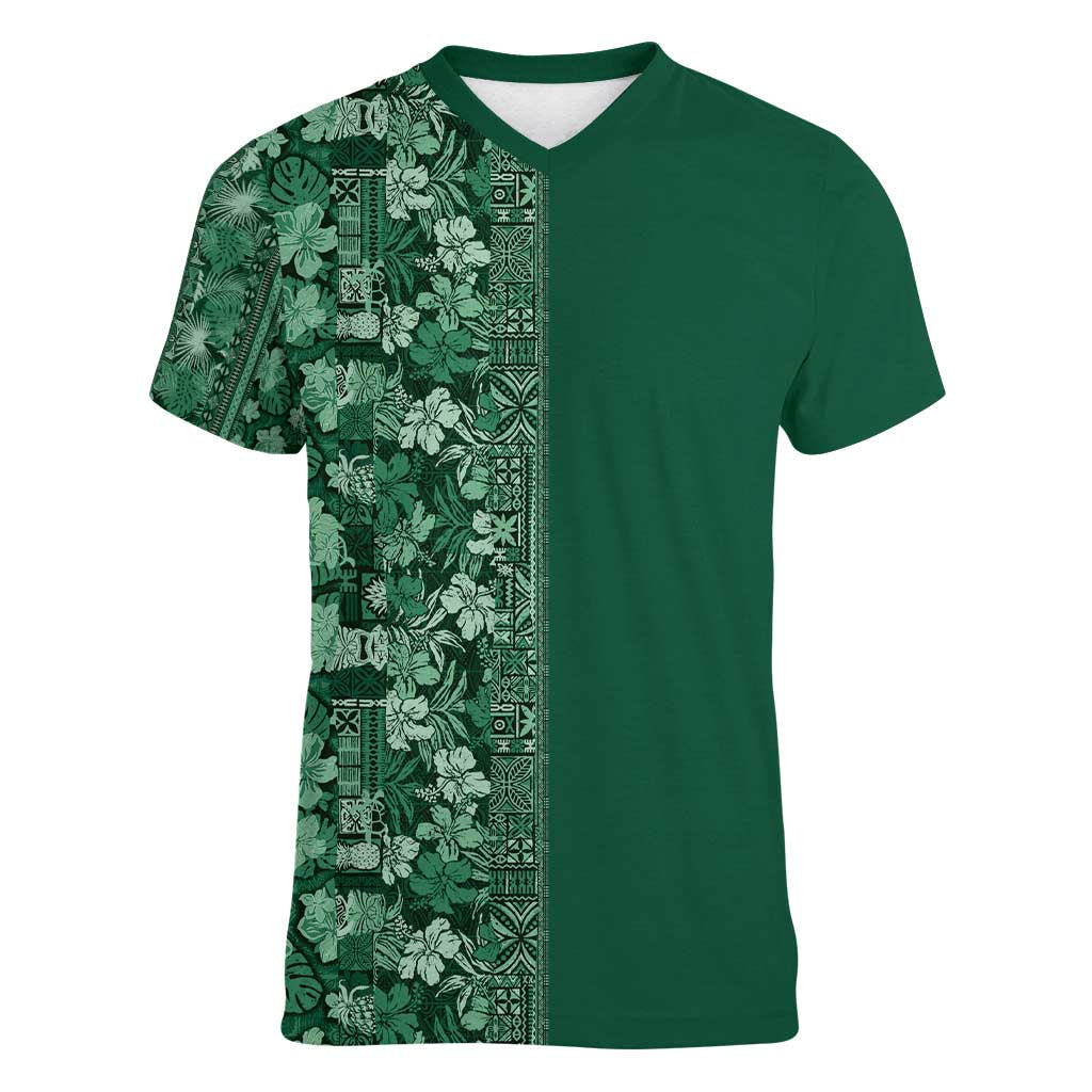 Hawaiian Tribal Elements Hibiscus Women V-Neck T-Shirt Green Pattern - Polynesian Pride