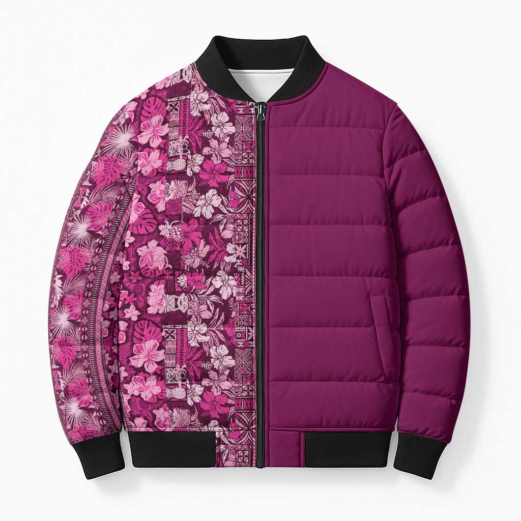 Hawaiian Tribal Elements Hibiscus Bomber Puffer Jacket Pink Pattern - Polynesian Pride