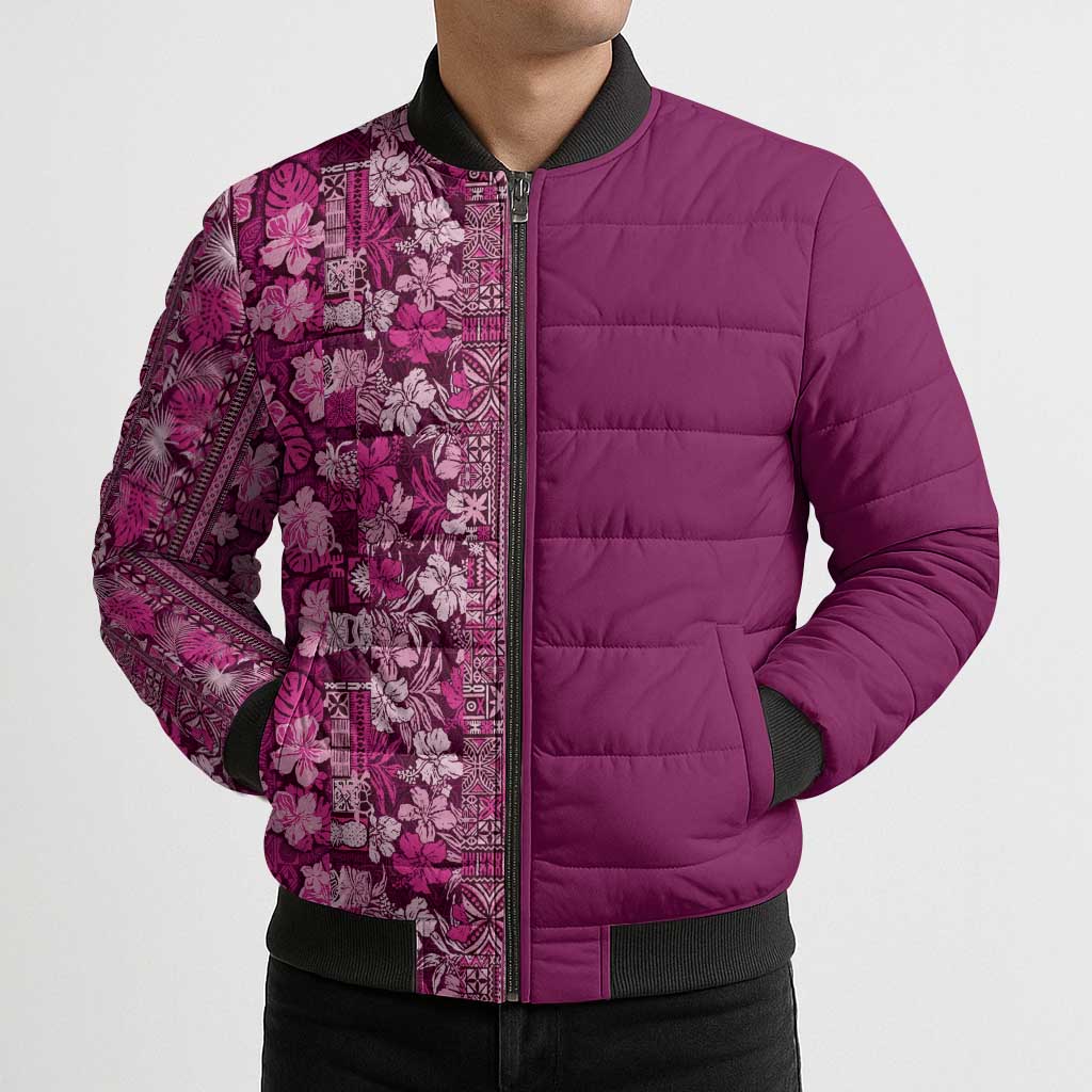 Hawaiian Tribal Elements Hibiscus Bomber Puffer Jacket Pink Pattern - Polynesian Pride