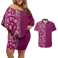 Hawaiian Tribal Elements Hibiscus Couples Matching Off Shoulder Short Dress and Hawaiian Shirt Pink Pattern - Polynesian Pride