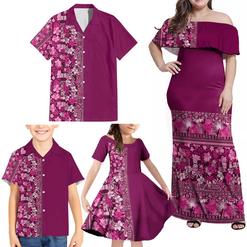 Hawaiian Tribal Elements Hibiscus Family Matching Off Shoulder Maxi Dress and Hawaiian Shirt Pink Pattern - Polynesian Pride