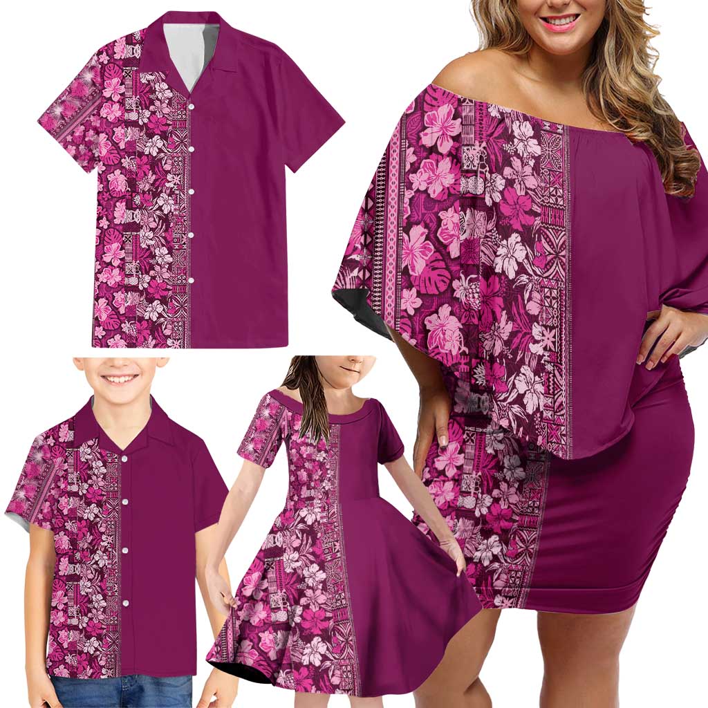 Hawaiian Tribal Elements Hibiscus Family Matching Off Shoulder Short Dress and Hawaiian Shirt Pink Pattern - Polynesian Pride