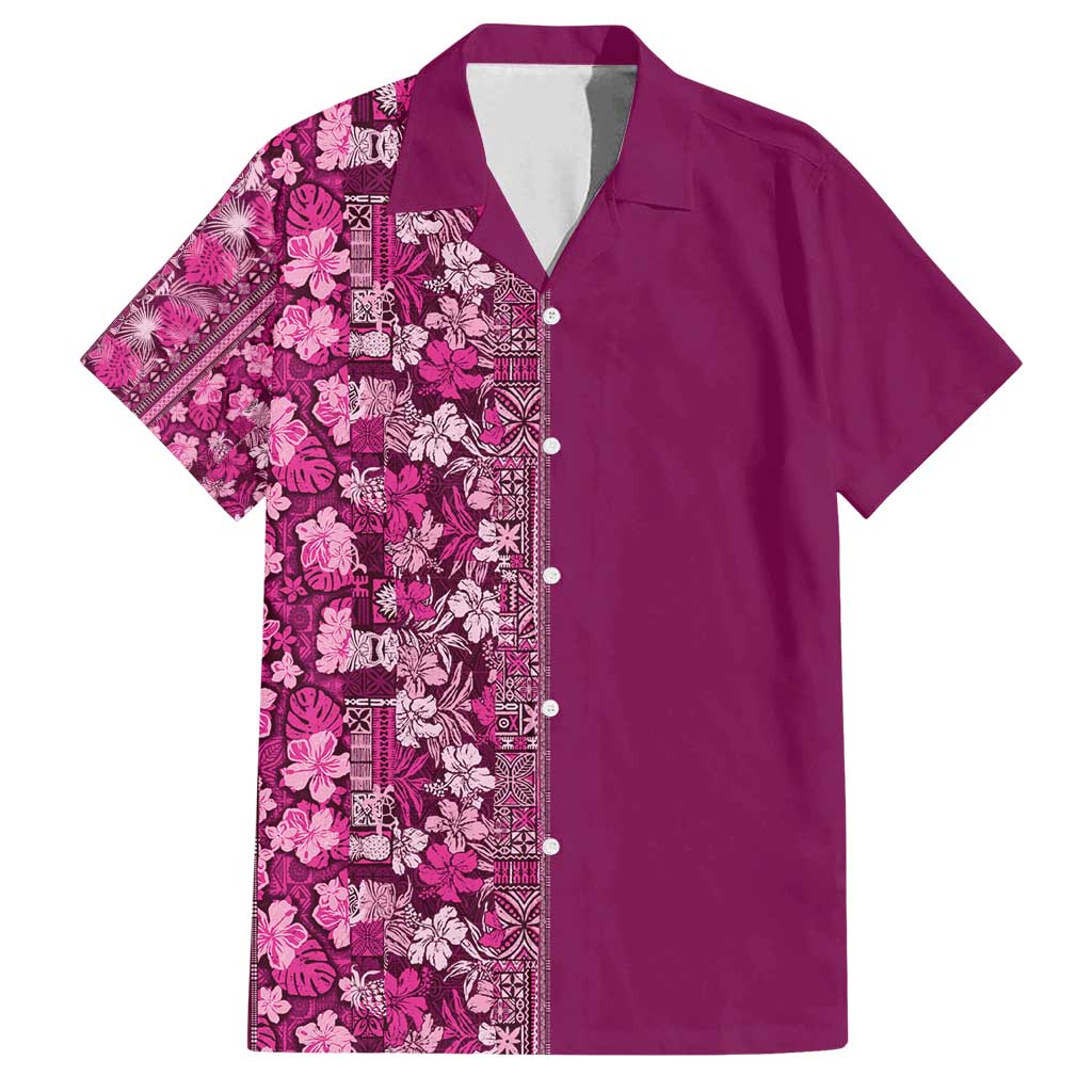 Hawaiian Tribal Elements Hibiscus Family Matching Off Shoulder Short Dress and Hawaiian Shirt Pink Pattern - Polynesian Pride