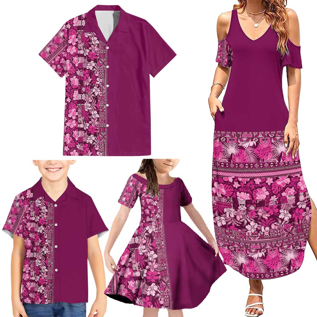 Hawaiian Tribal Elements Hibiscus Family Matching Summer Maxi Dress and Hawaiian Shirt Pink Pattern - Polynesian Pride