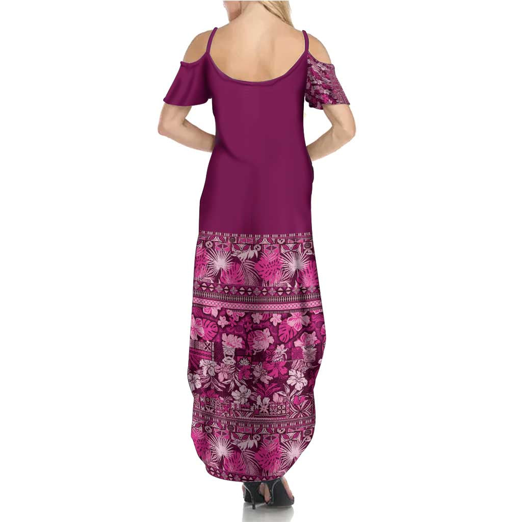 Hawaiian Tribal Elements Hibiscus Family Matching Summer Maxi Dress and Hawaiian Shirt Pink Pattern - Polynesian Pride