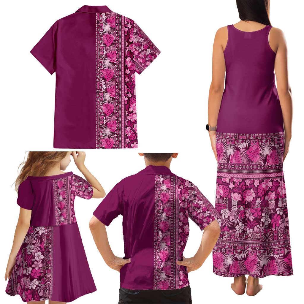 Hawaiian Tribal Elements Hibiscus Family Matching Tank Maxi Dress and Hawaiian Shirt Pink Pattern - Polynesian Pride