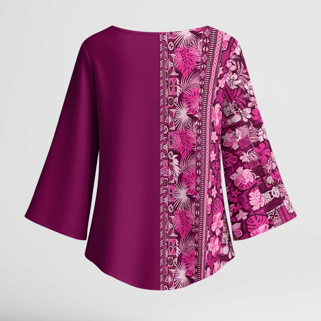 Hawaiian Tribal Elements Hibiscus Kimono Sleeve Blouse Pink Pattern - Polynesian Pride