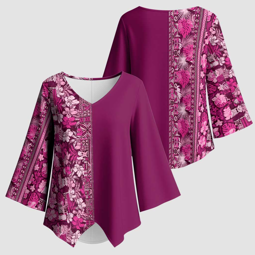 Hawaiian Tribal Elements Hibiscus Kimono Sleeve Blouse Pink Pattern - Polynesian Pride
