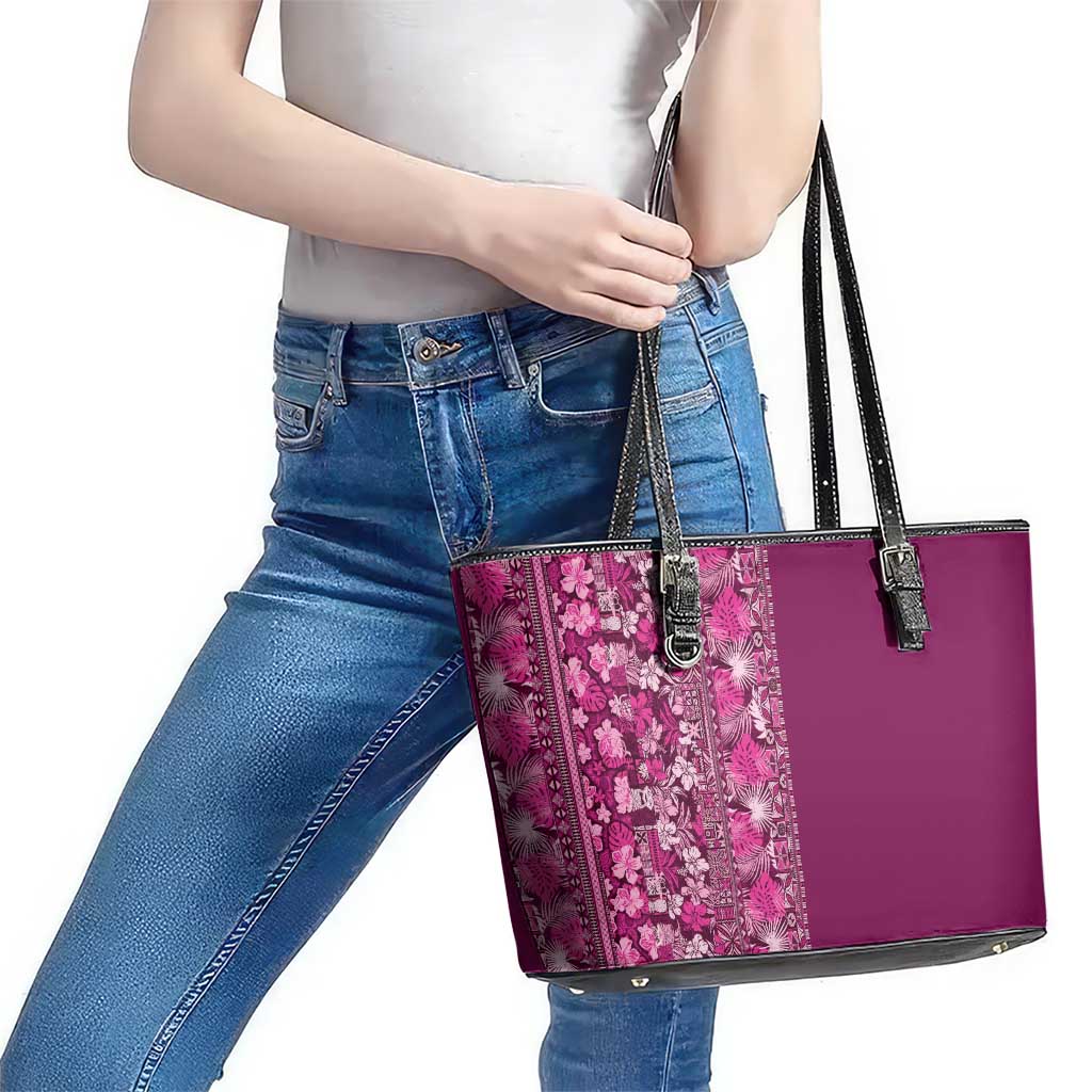 Hawaiian Tribal Elements Hibiscus Leather Tote Bag Pink Pattern - Polynesian Pride