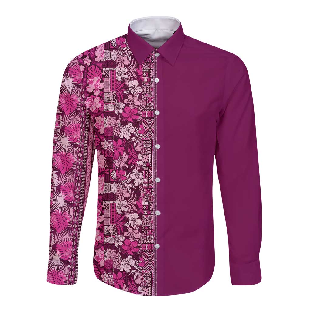 Hawaiian Tribal Elements Hibiscus Long Sleeve Button Shirt Pink Pattern - Polynesian Pride