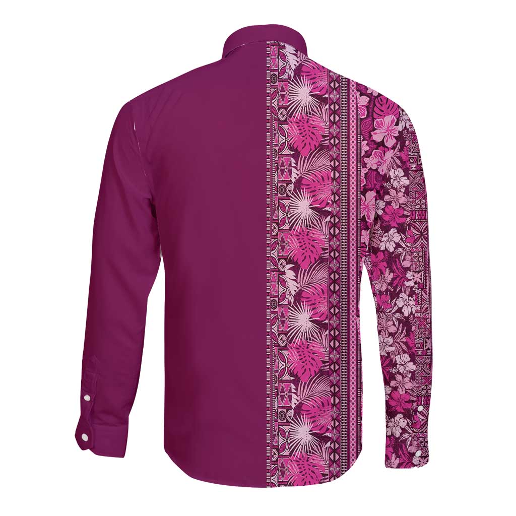 Hawaiian Tribal Elements Hibiscus Long Sleeve Button Shirt Pink Pattern - Polynesian Pride