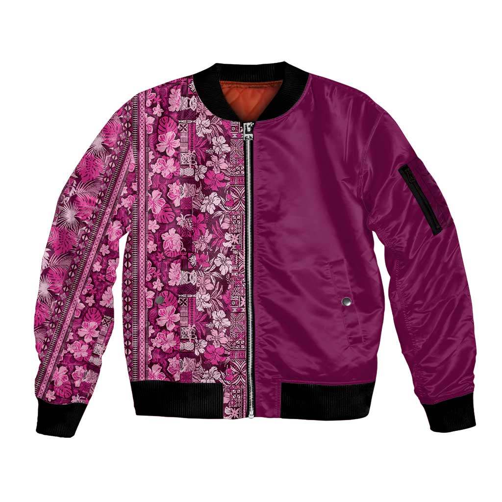 Hawaiian Tribal Elements Hibiscus Sleeve Zip Bomber Jacket Pink Pattern - Polynesian Pride