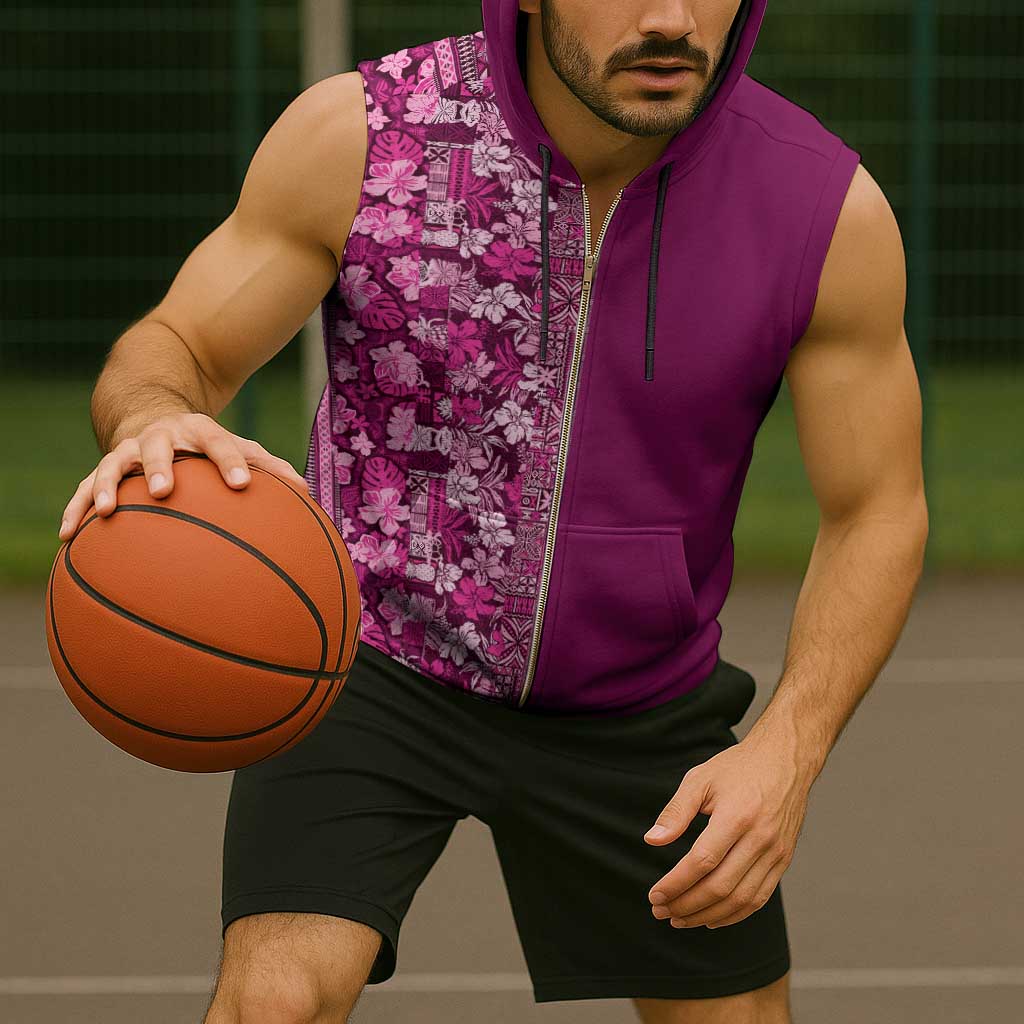 Hawaiian Tribal Elements Hibiscus Sleeveless Zip Hoodie Pink Pattern - Polynesian Pride