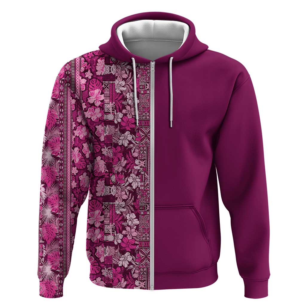 Hawaiian Tribal Elements Hibiscus Zip Hoodie Pink Pattern - Polynesian Pride