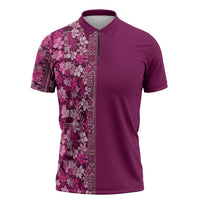 Hawaiian Tribal Elements Hibiscus Zipper Polo Shirt Pink Pattern - Polynesian Pride