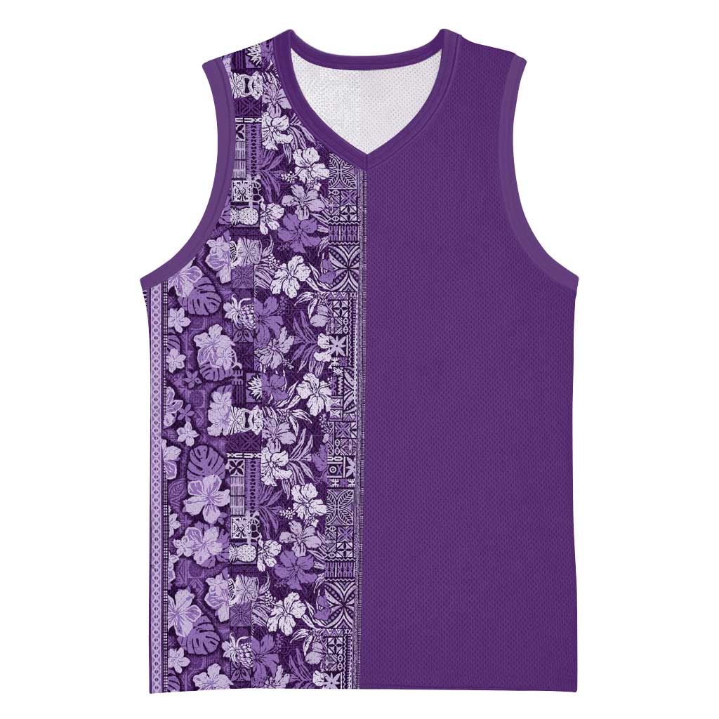 Hawaiian Tribal Elements Hibiscus Basketball Jersey Purple Pattern - Polynesian Pride