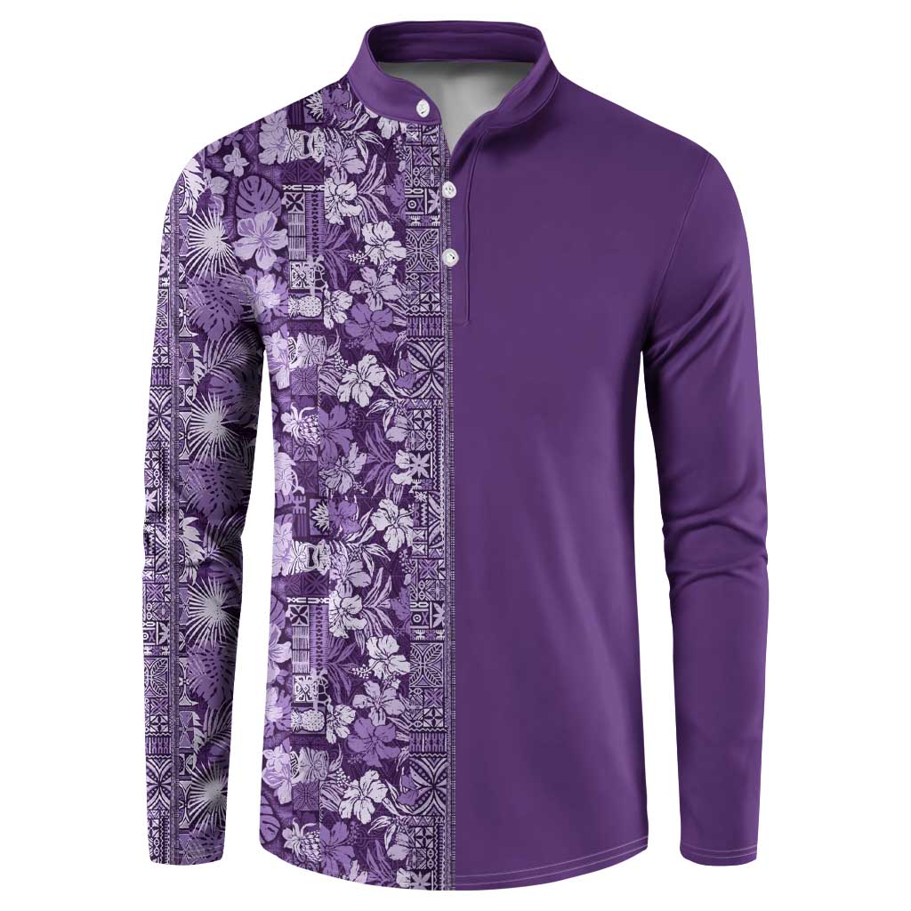 Hawaiian Tribal Elements Hibiscus Button Sweatshirt Purple Pattern - Polynesian Pride