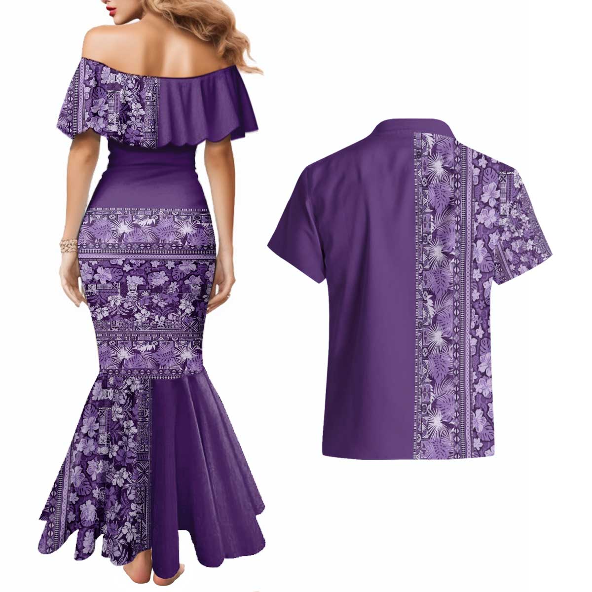 Hawaiian Tribal Elements Hibiscus Couples Matching Mermaid Dress and Hawaiian Shirt Purple Pattern - Polynesian Pride