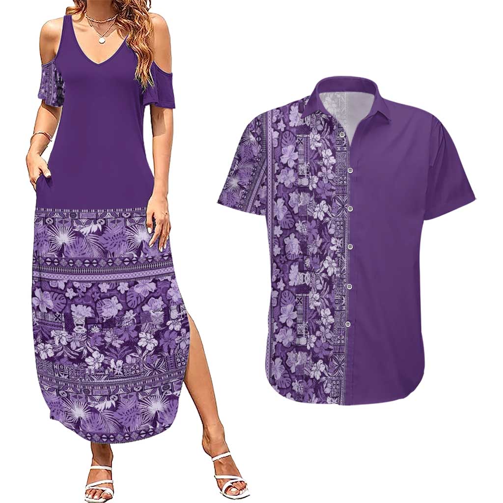 Hawaiian Tribal Elements Hibiscus Couples Matching Summer Maxi Dress and Hawaiian Shirt Purple Pattern - Polynesian Pride