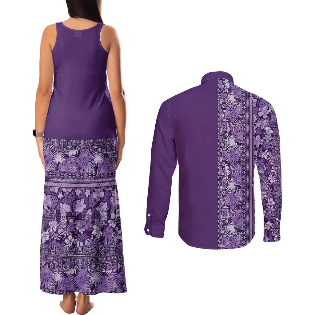 Hawaiian Tribal Elements Hibiscus Couples Matching Tank Maxi Dress and Long Sleeve Button Shirt Purple Pattern - Polynesian Pride