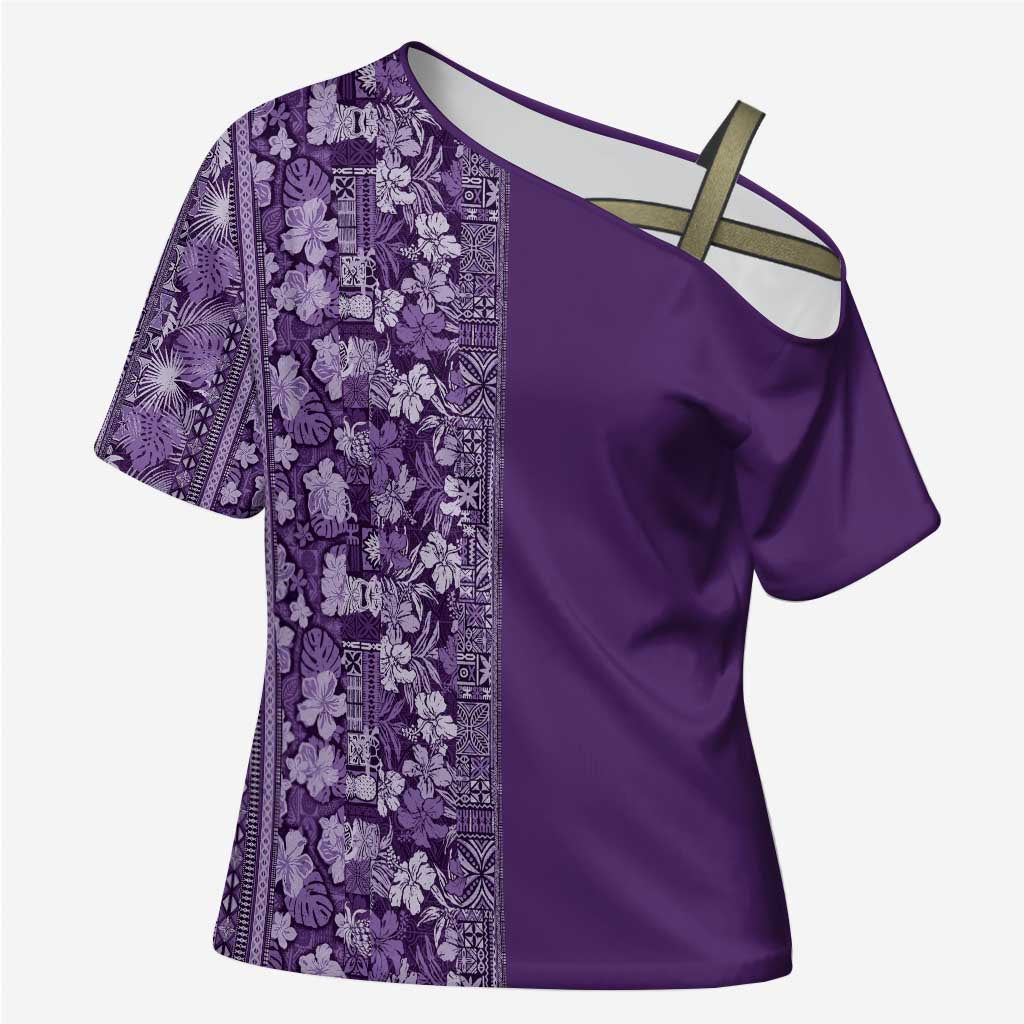 Hawaiian Tribal Elements Hibiscus Cross Shoulder Shirt Purple Pattern - Polynesian Pride
